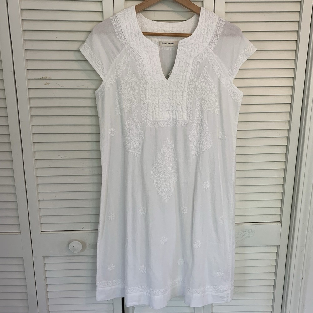 Roller Rabbit Faith Dress White Hand Embroidered Cotton Tunic Mini Dress S NEW